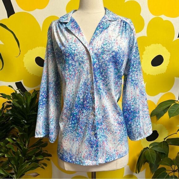 Dreamy Vintage 1970s Pastel Watercolor Abstract Print Balloon Sleeve Button Down - Picture 1 of 8